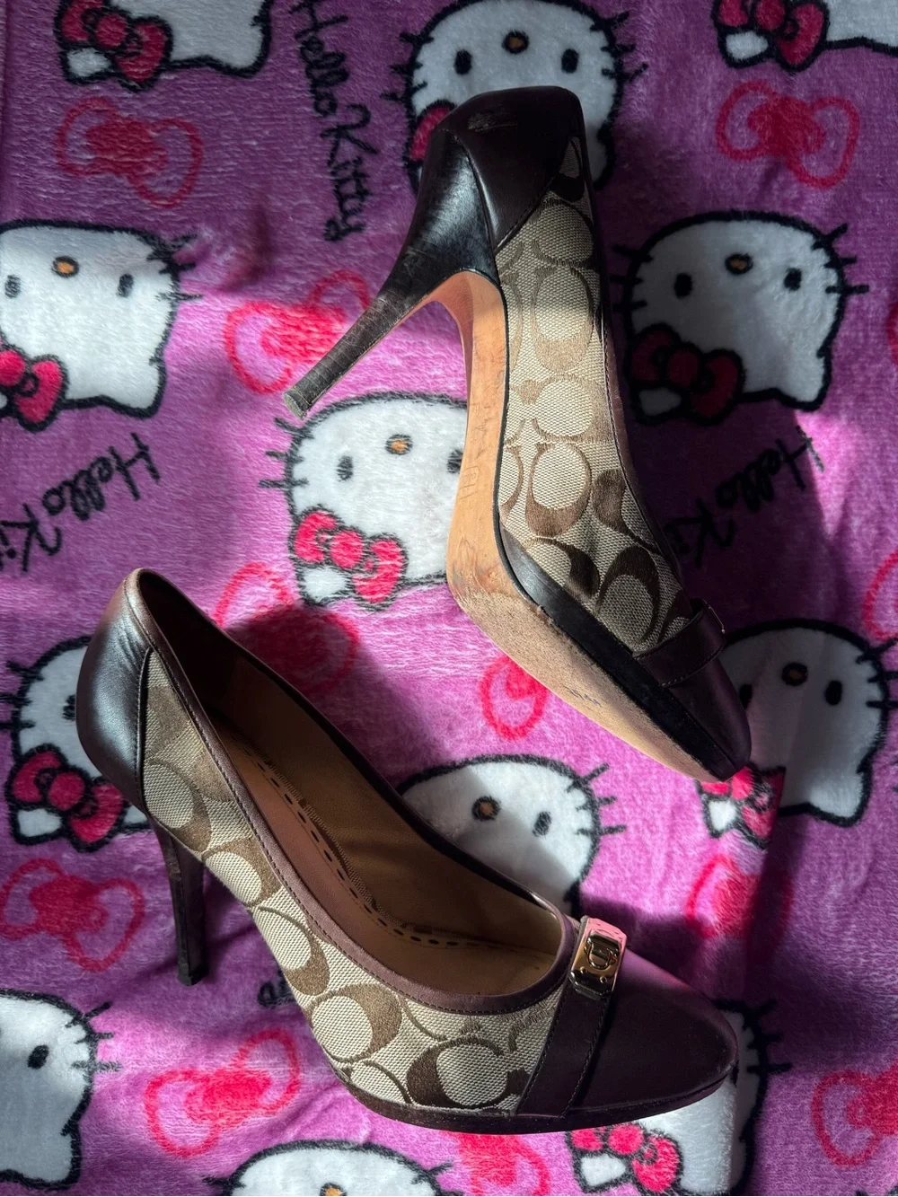 Coach Brown Signature Mesh and Leather Stiletto Pumps with Gold Accent